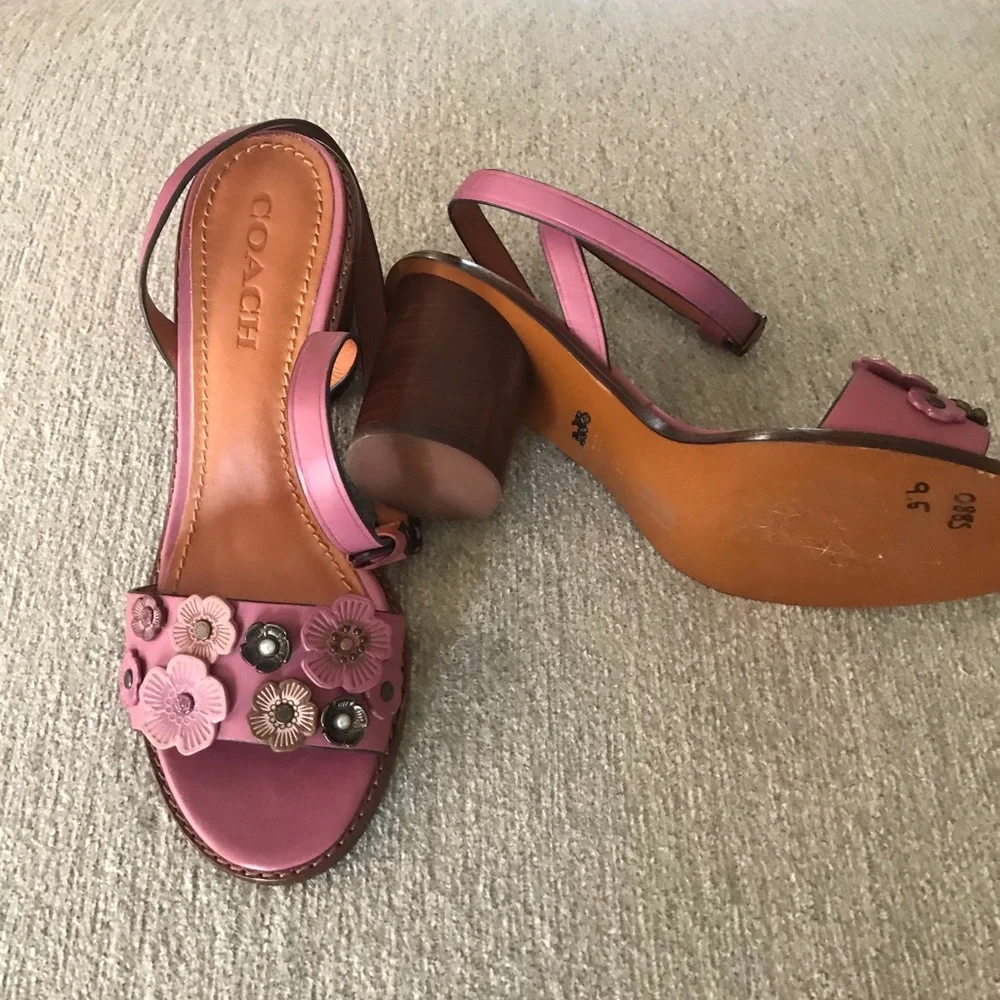 Coach Tea Rose Block Heel Leather Sandals - Picture 2 of 3